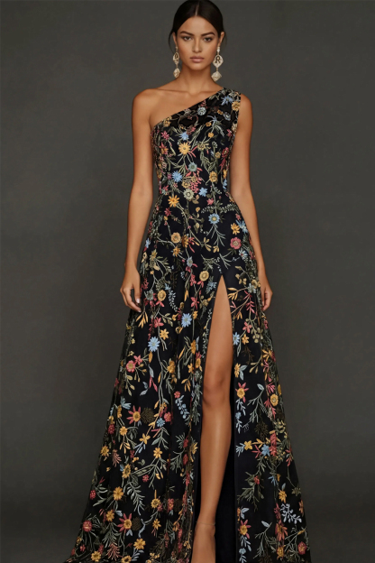 Floral Mauve One Shoulder A Line Long Formal Dress with Slit