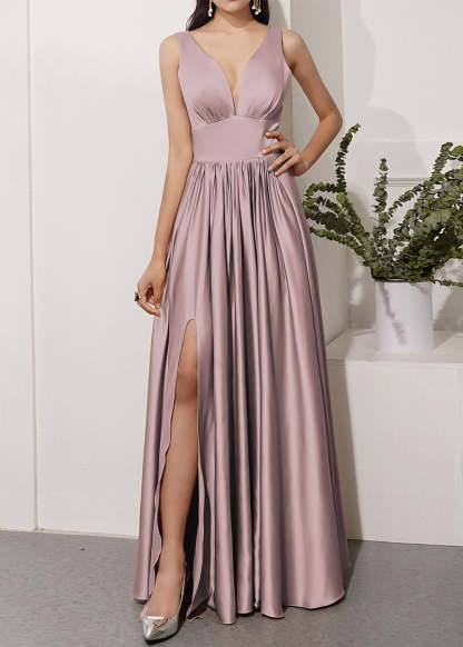V-neck Long Bridesmaid Dress with Split