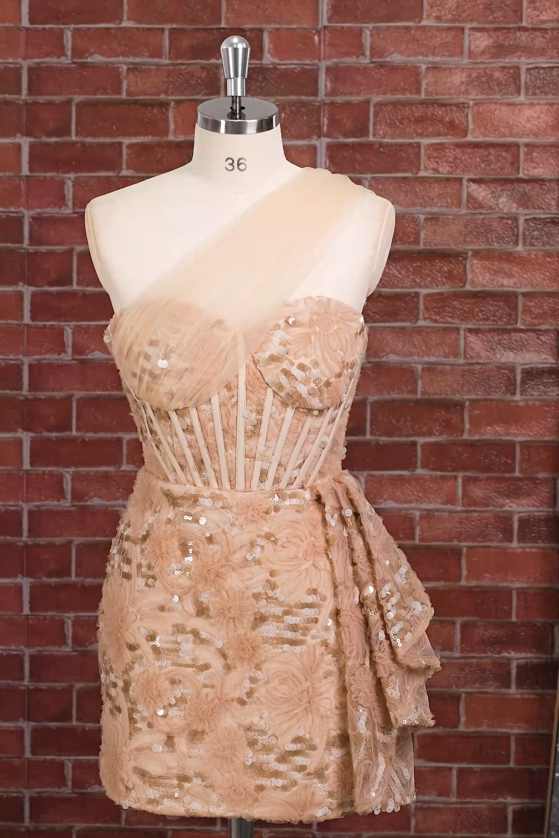 Sparkly Floral Champagne Corset Sequin Bodycon One Shoulder Short Homecoming Dress