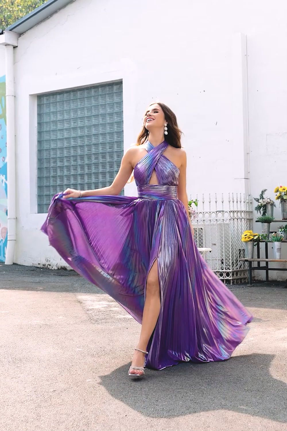 Sparkly Dark Purple Halter A Line Long Prom Dress With Pleated