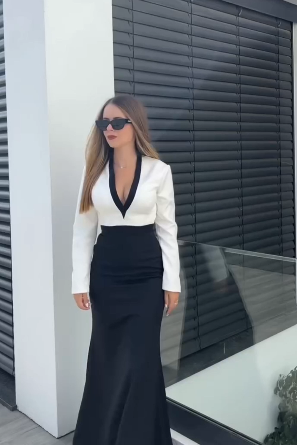 White and Black V Neck Mermaid Long Formal Dress with Sleeves