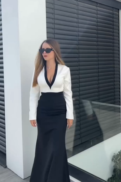 White and Black V Neck Mermaid Long Formal Dress with Sleeves