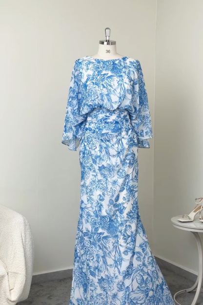 Mermaid White Blue Floral Round Neck Long Mother of the Bride Dress
