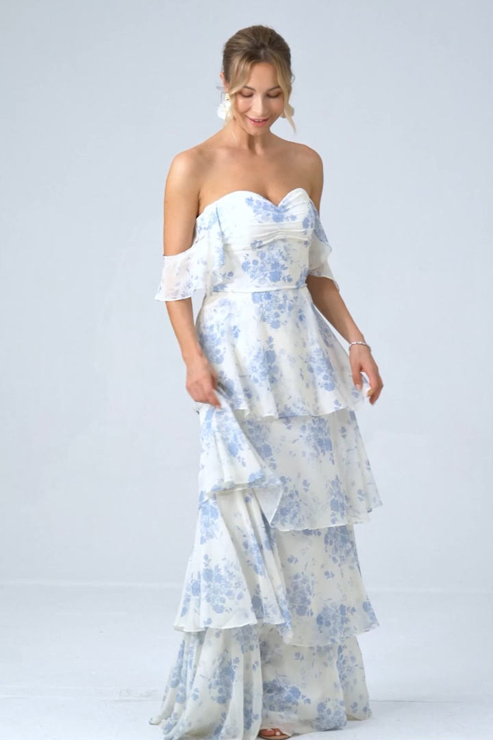 White Blue Flower Sweetheart Tiered A-Line Floral Bridesmaid Dress