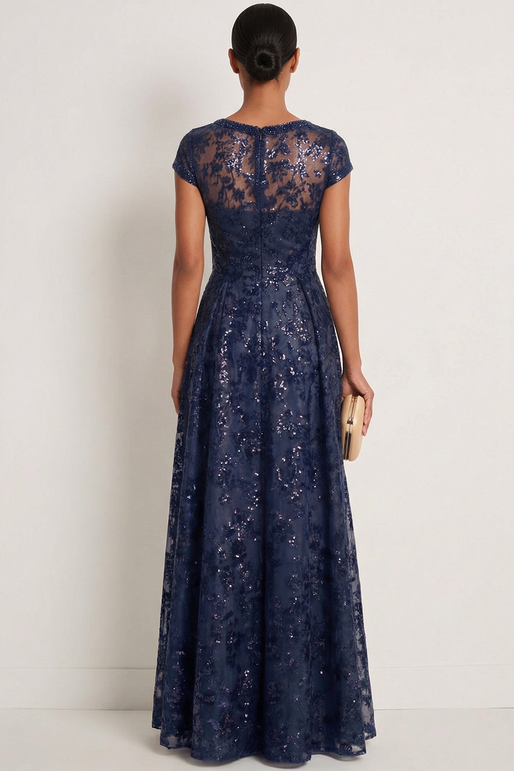 Navy Sparkly Sequin Floral A Line Long Gala Dress
