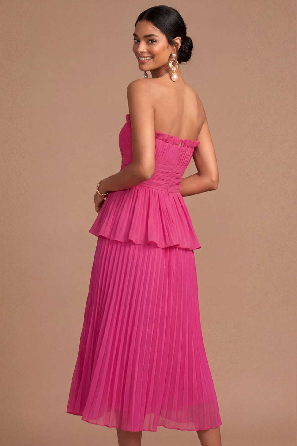 Raspberry Strapless A Line Pleated Midi Wedding Guest Dress
