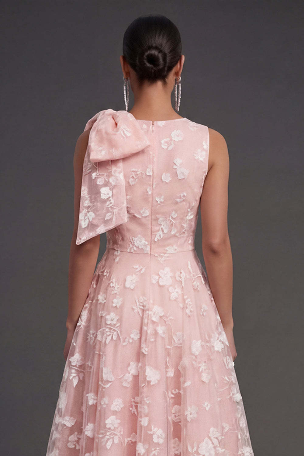Blue Floral A Line Appliqued Midi Beach Wedding Guest Dress with Bow