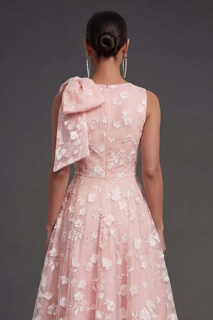 Blue Floral A Line Appliqued Midi Beach Wedding Guest Dress with Bow