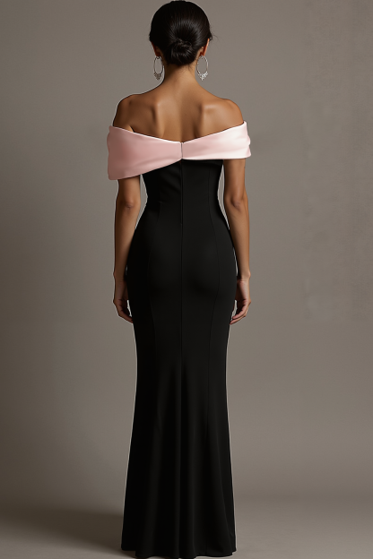 Black and Pink Plus Size Off the Shoulder Sheath Satin Maxi Evening Dress