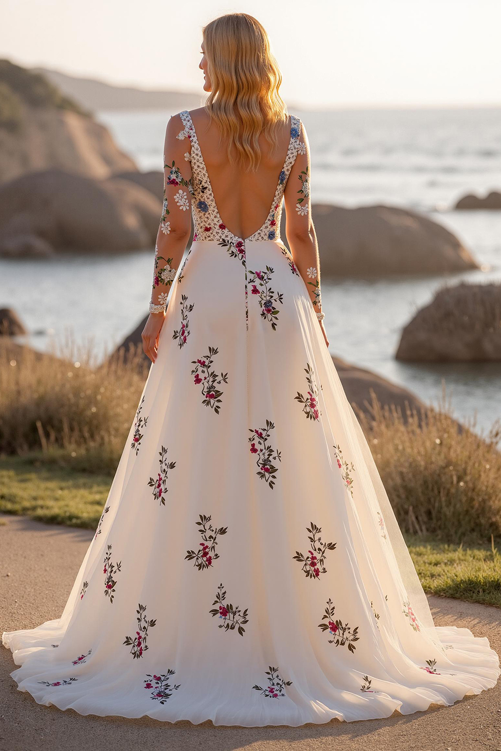 Floral White Long Sleeves Deep V-Neck Wedding Dress