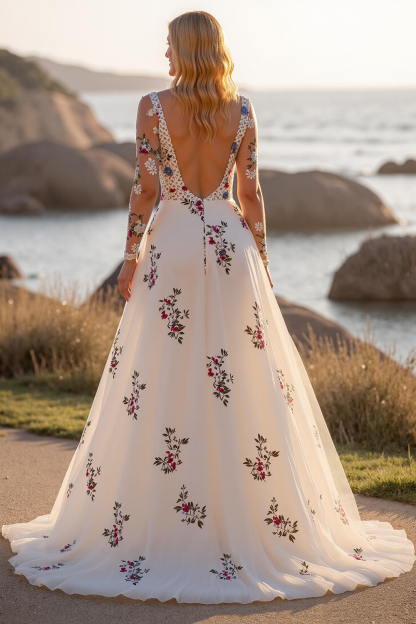 Floral White Long Sleeves Deep V-Neck Wedding Dress