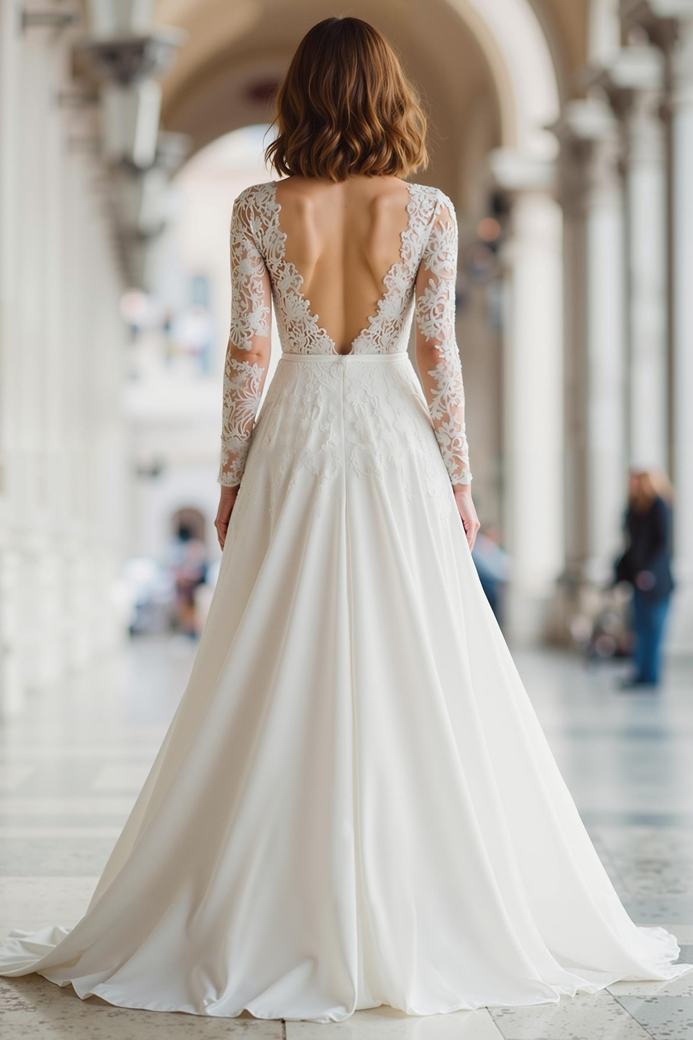 Ivory Illusion Boat Neck Floor-Length A Line Wedding Dress with Lace