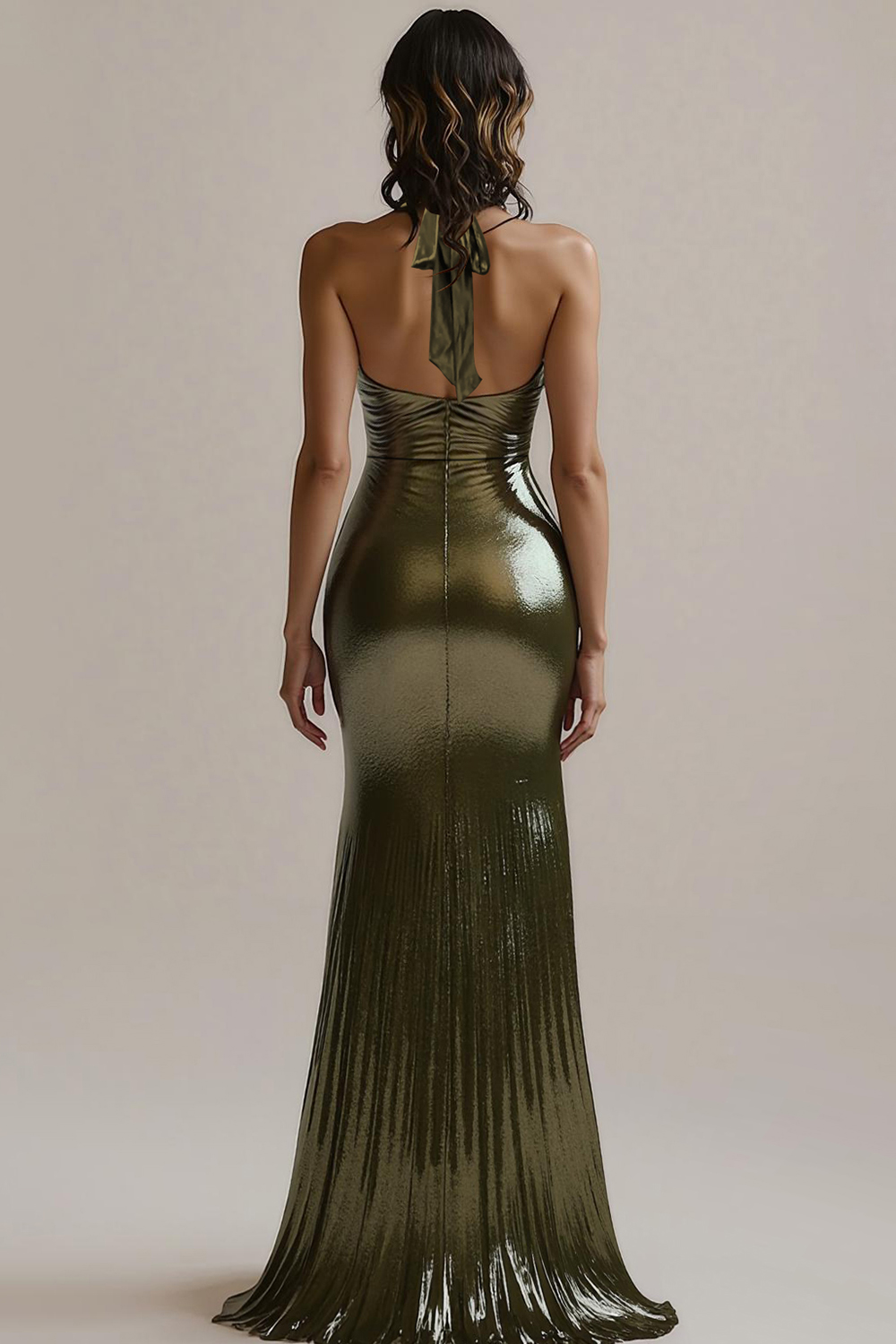 Olive Metallic Sheath Maxi Evening Dress with Slit