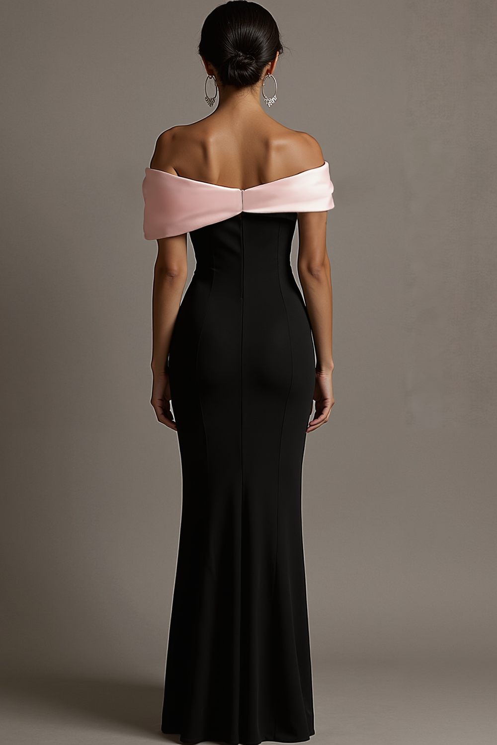 Black and Pink Off the Shoulder Sheath Satin Maxi Evening Dress