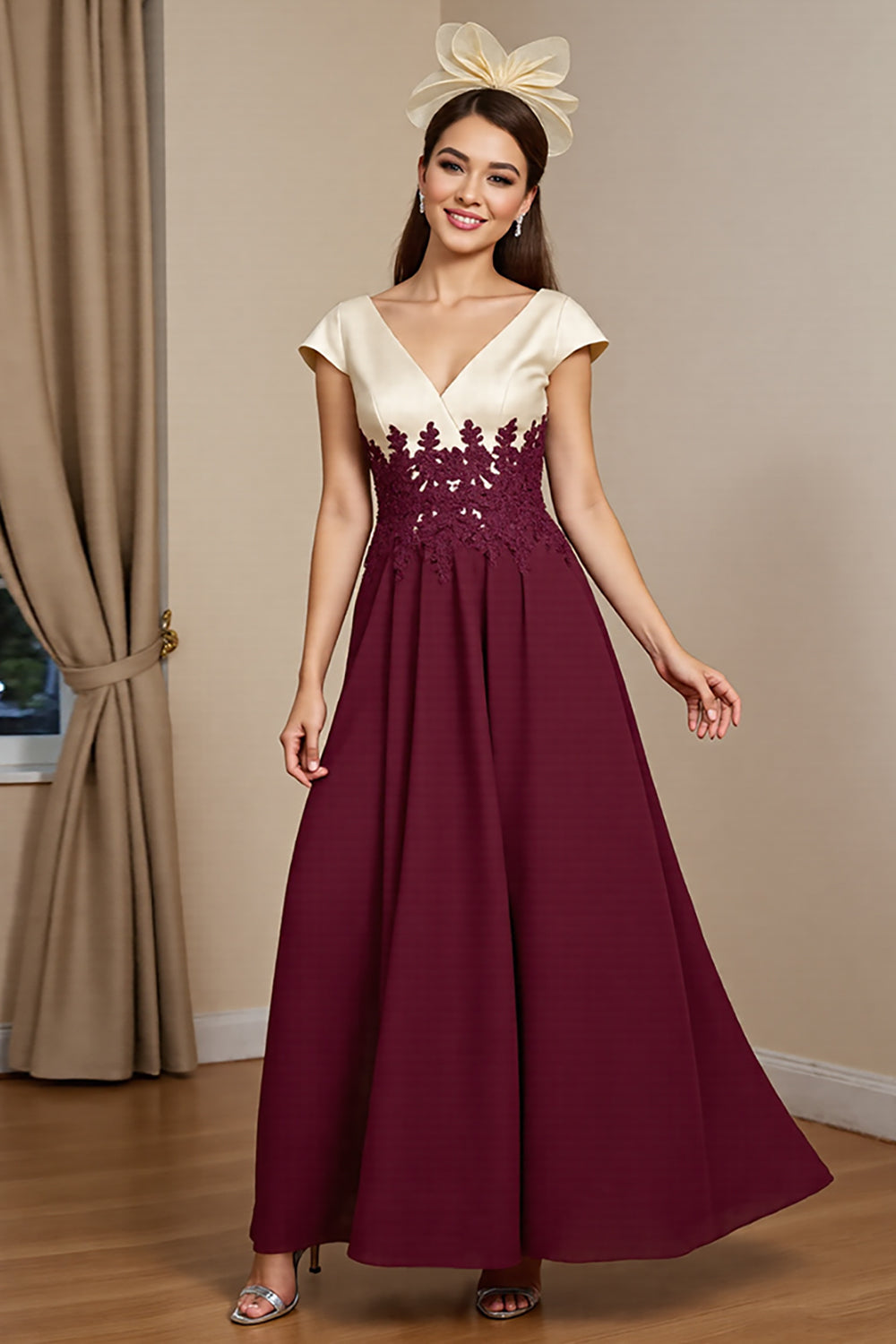 Burgundy A Line Maxi Satin Mother of the Bride Dress with Appliques