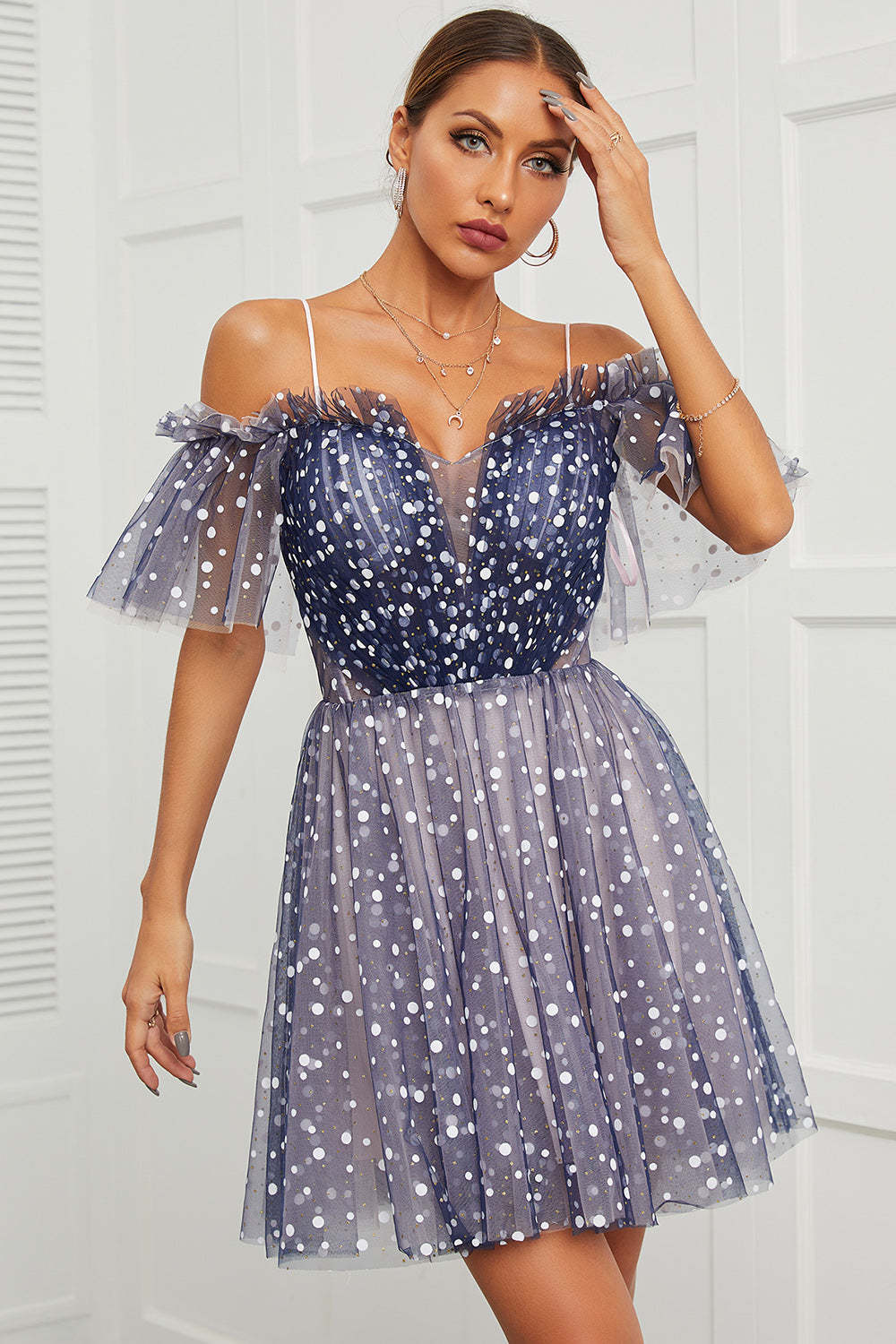 Leely Women Short Tulle Homecoming Dress Navy Polka Dots Off Shoulder Lace Up Cocktail Dress