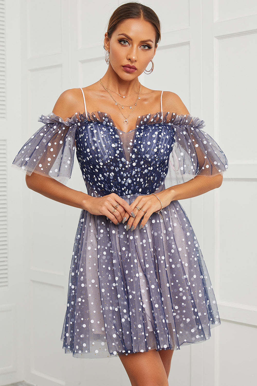 Navy Polka Dots Off Shoulder Cocktail Dress