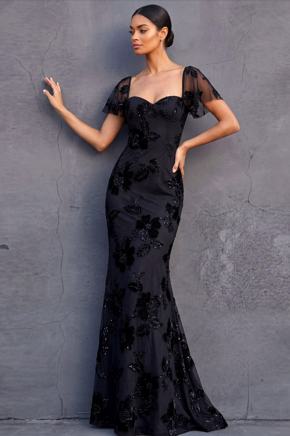 White Mermaid Floral Appliqued Long Engagement Dress with Sleeves