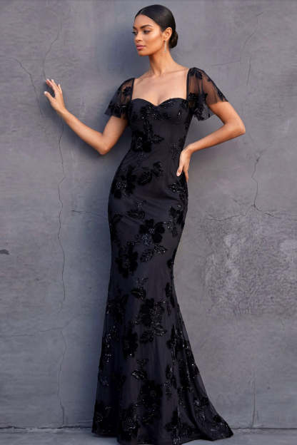 White Mermaid Floral Appliqued Long Engagement Dress with Sleeves