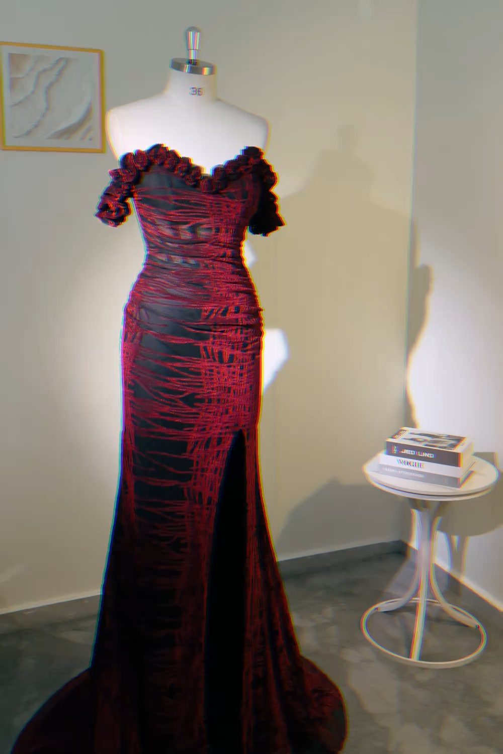 Floral Mermaid Black and Red Long Corset Prom Dress with Slit