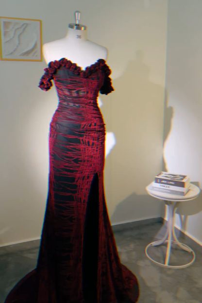 Floral Mermaid Black and Red Long Corset Prom Dress with Slit