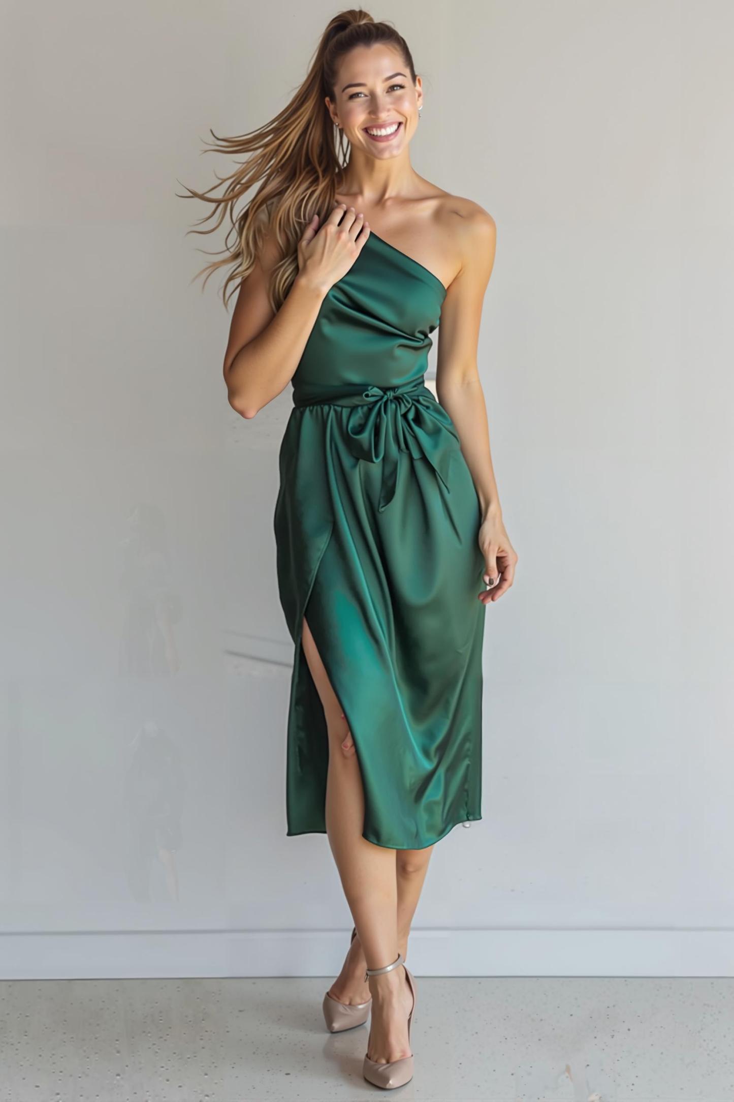 Dark Green Satin Sheath One Shoulder Midi Bridesmaid Dress with Slit