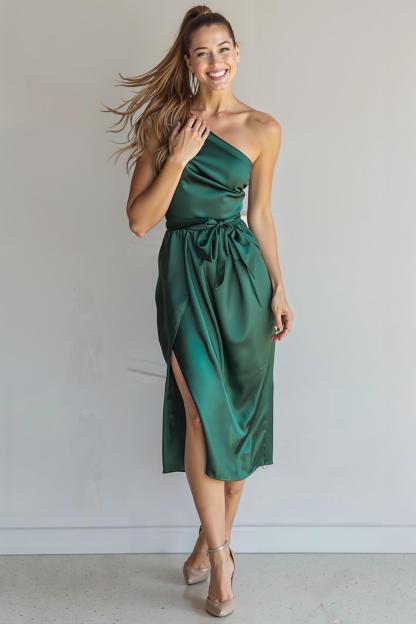 Dark Green Satin Sheath One Shoulder Midi Bridesmaid Dress with Slit