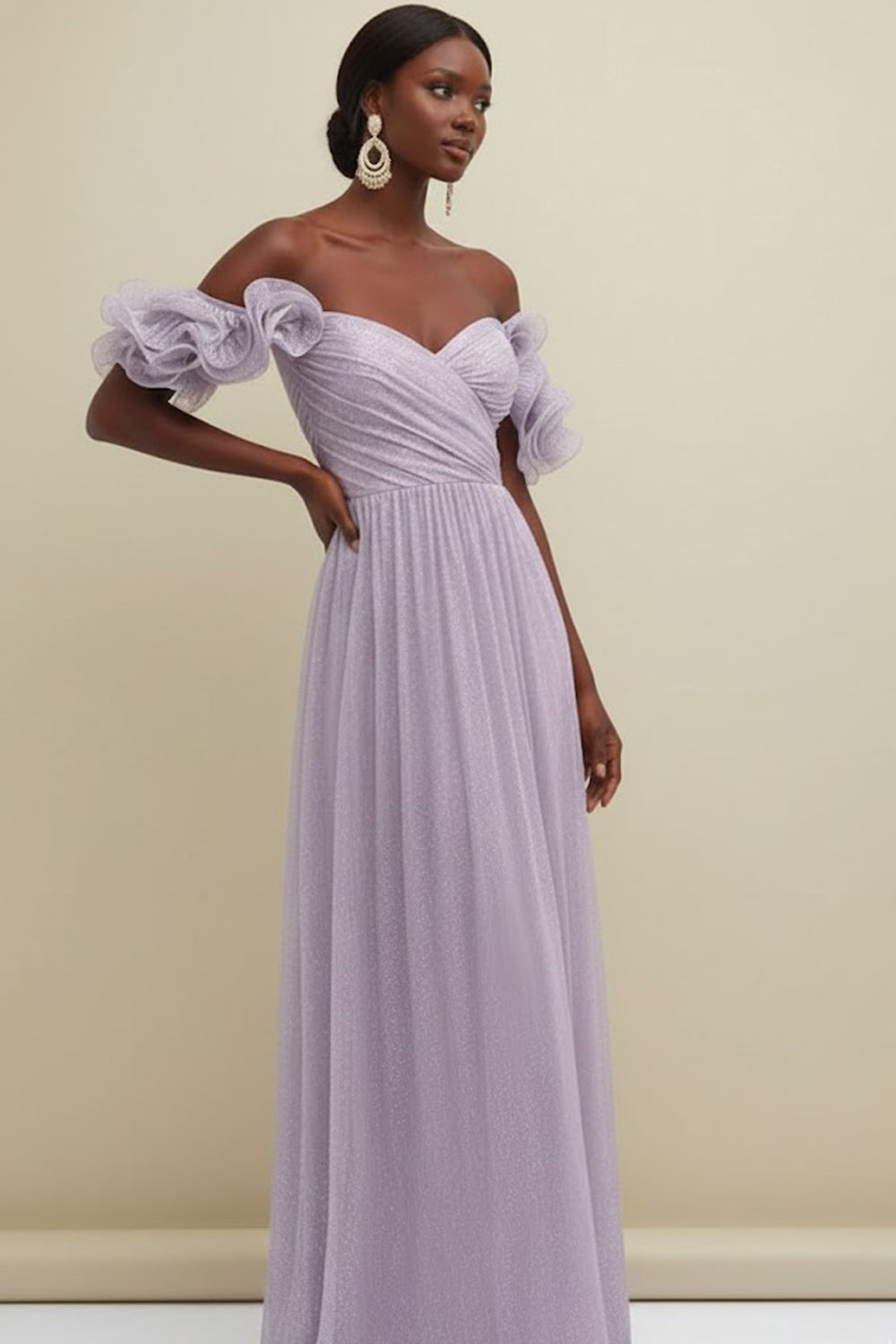 Lilac Off the Shoulder Tulle Ruffled Long Bridesmaid Dress