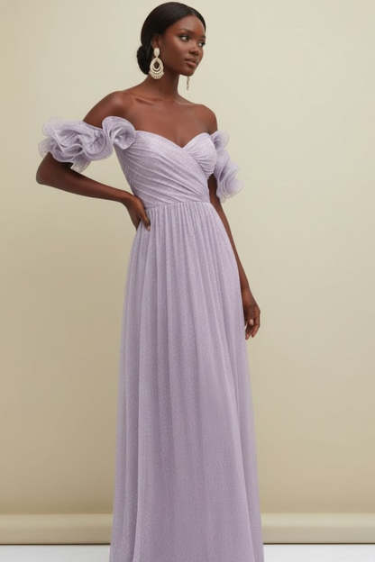 Lilac Off the Shoulder Tulle Ruffled Long Bridesmaid Dress
