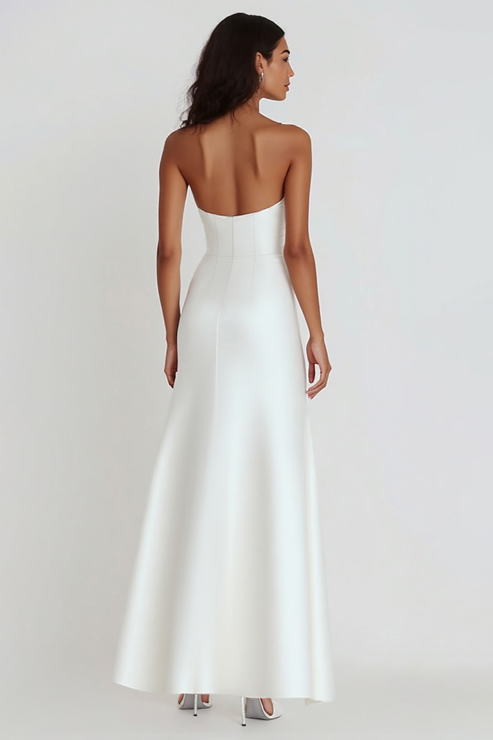 White Satin Strapless Sheath Tea Length Graduation Dress