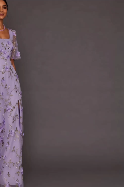 Lilac Floral A Line Appliqued Long Wedding Guest Dress with Slit
