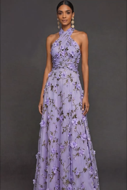 Lilac Floral A Line Halter Neck Appliqued Long Formal Dress