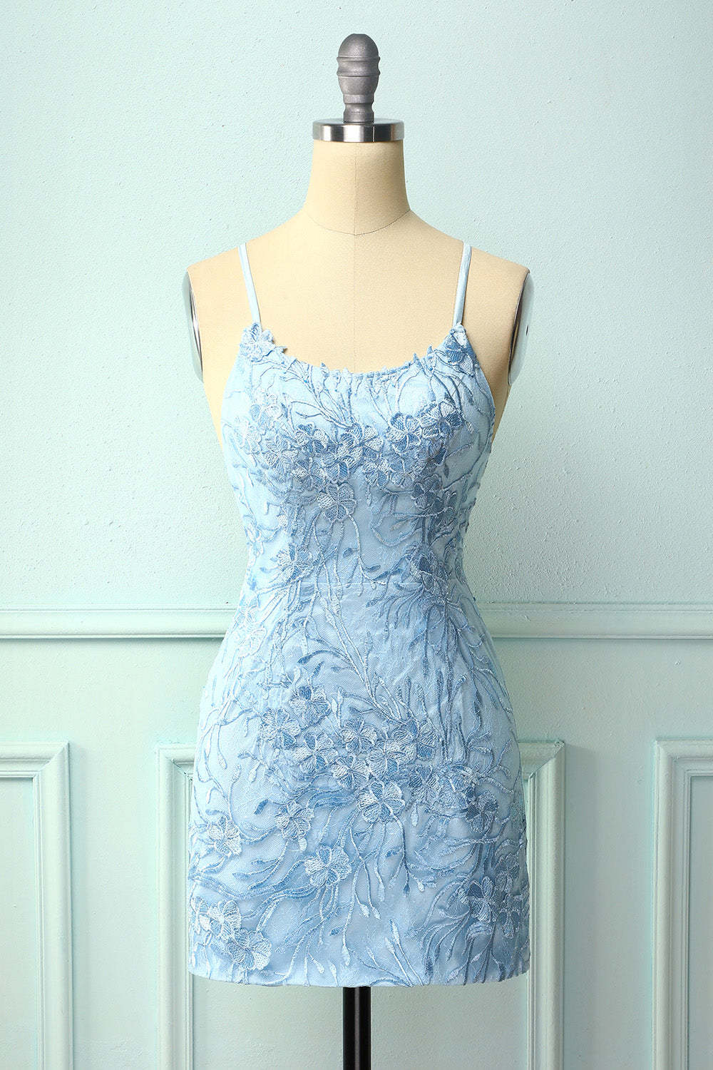 LEELY Women Sky Blue Spaghetti Straps Lace Up Bodycon Mini Dress