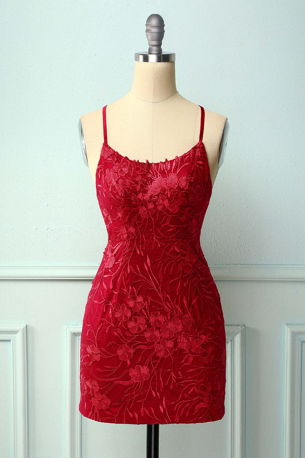 LEELY Women Red Spaghetti Straps Embroidered Bodycon Mini HOCO Dress