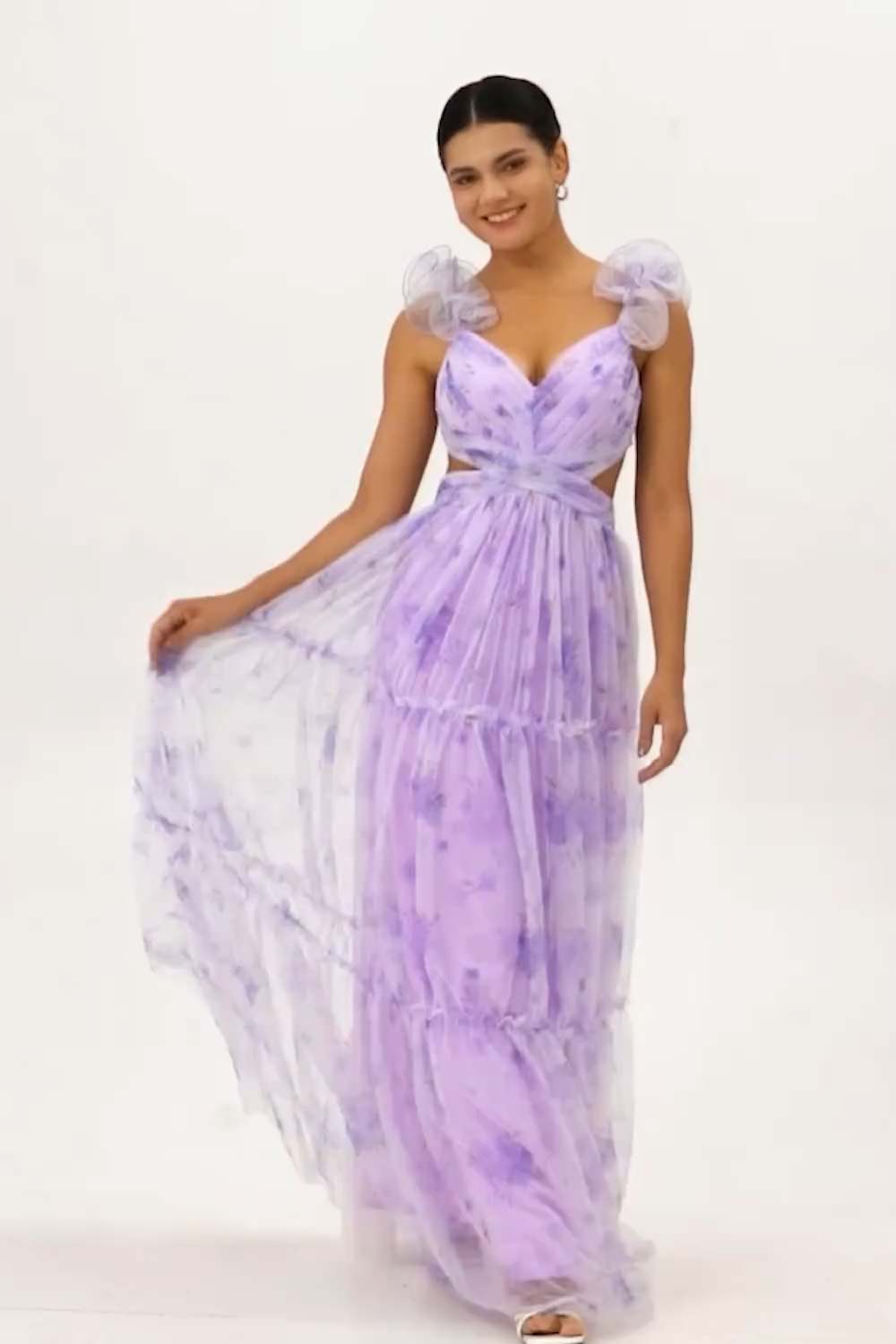 Lavender Flower Pleated Cut Out A Line Long Bridesmaid Dress