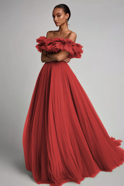 Dusty Sage Pleated Tulle A Line Long Formal Dress with Ruffles