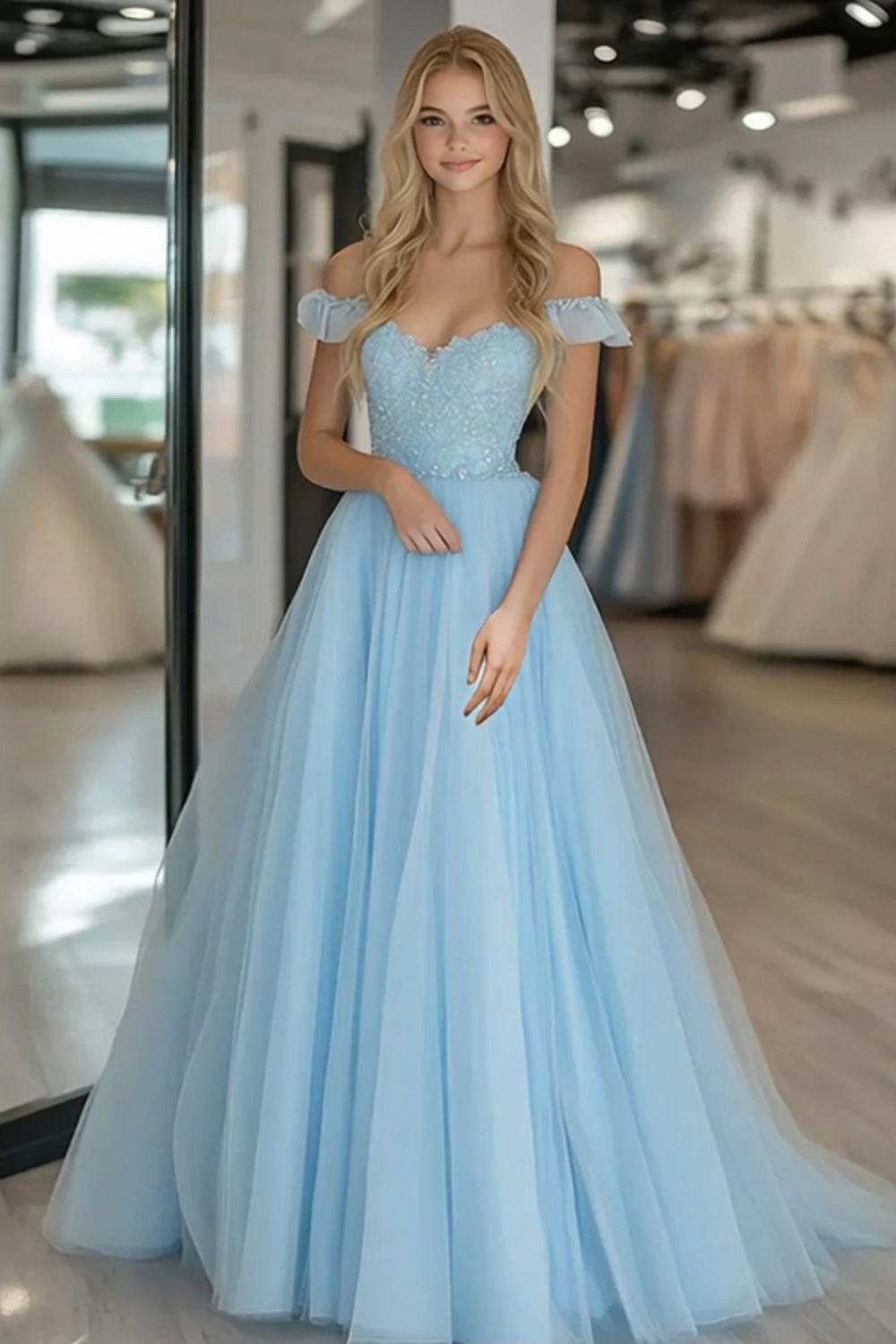 Sky Blue A Line Tulle Off the Shoulder Applique Floor Length Prom Dress