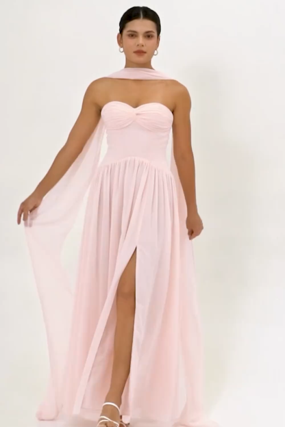 Blush Corset Chiffon Neck Scarf Long Bridesmaid Dress with Slit