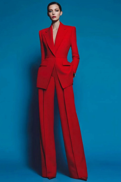 Red Notched Lapel 2 Piece Long Sleeves Prom Suits with Pockets