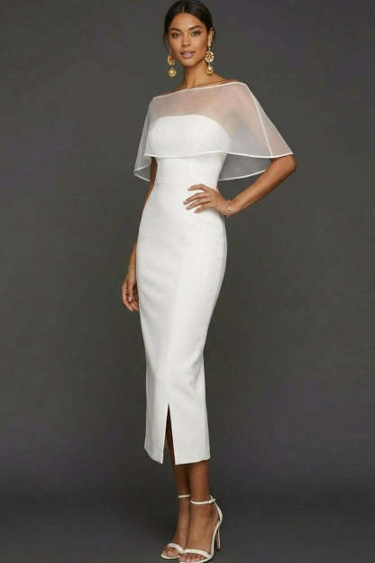 Champagne Satin Sheath Long Wedding Guest Dress with Cape