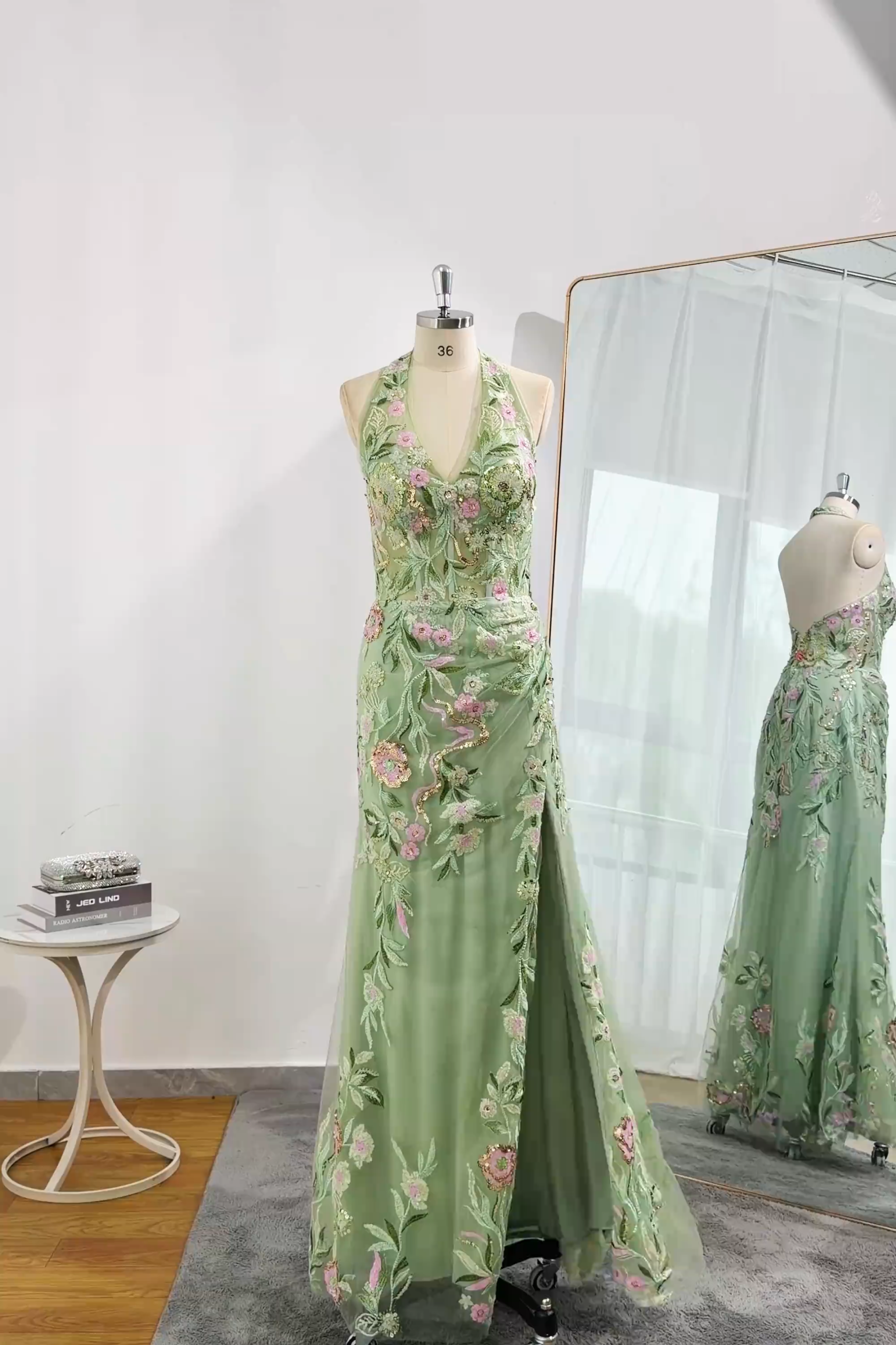 Sheath Floral Dusty Sage Halter Neck Ruched Long Prom Dress with Slit