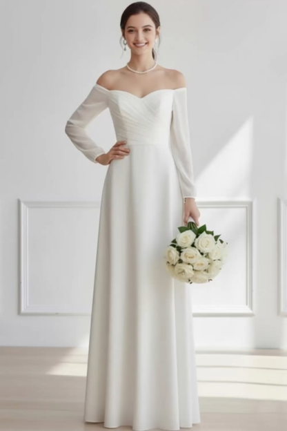 White Off the Shoulder Chiffon Long Wedding Reception Dress
