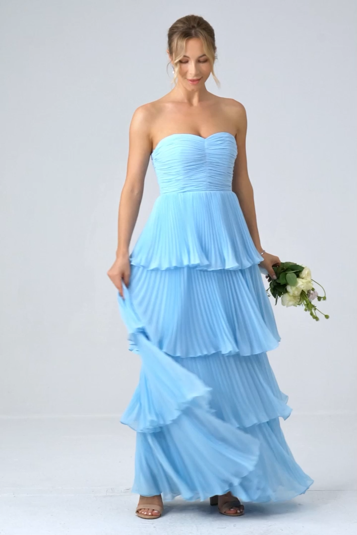 Sky Blue Strapless Tiered Long Bridesmaid Dress