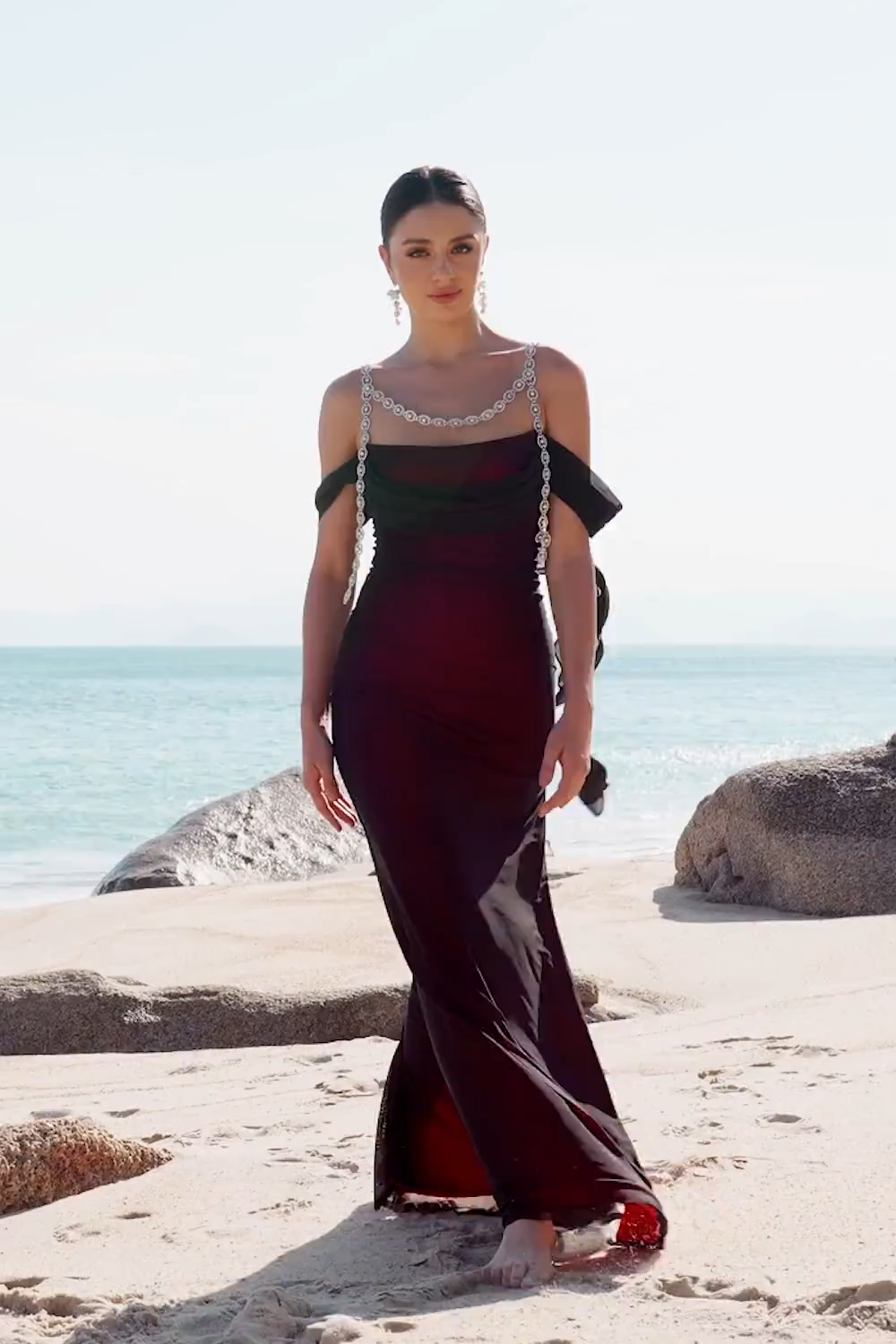 Black Red Mermaid Off the Shoulder Beaded Bridesmaid Dress with Slit