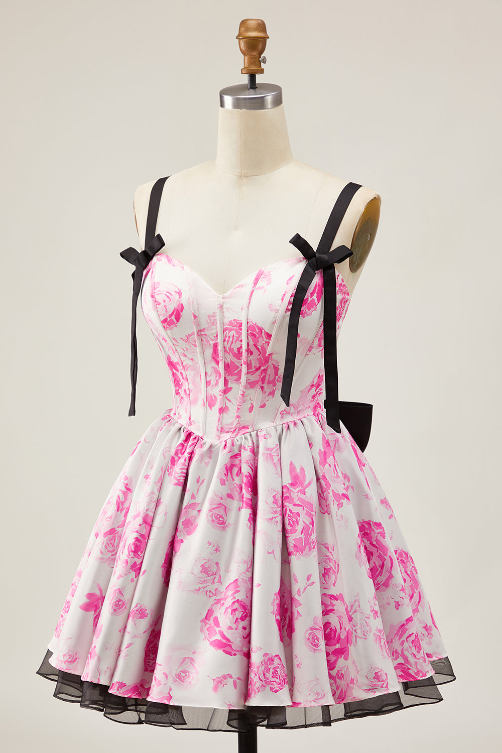 Cute White Fuchsia A Line Corset Floral Short Homecoming Dress with Bow