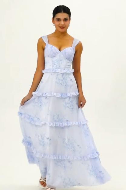 Blue Floral Chiffon Corset Tiered Maxi Wedding Guest Dress with Ruffles