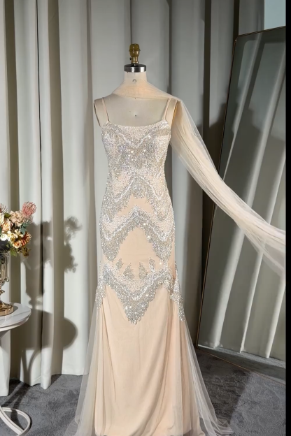 Sparkly Apricot Sheath Spaghetti Straps Beaded Long Prom Dress
