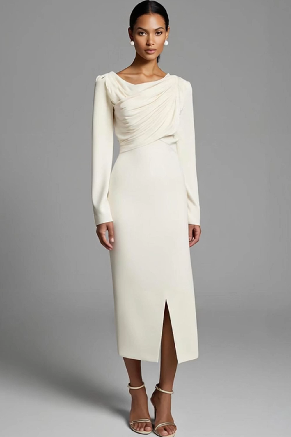 Sheath Ruched Long Sleeves Ivory Work Dress with Slit