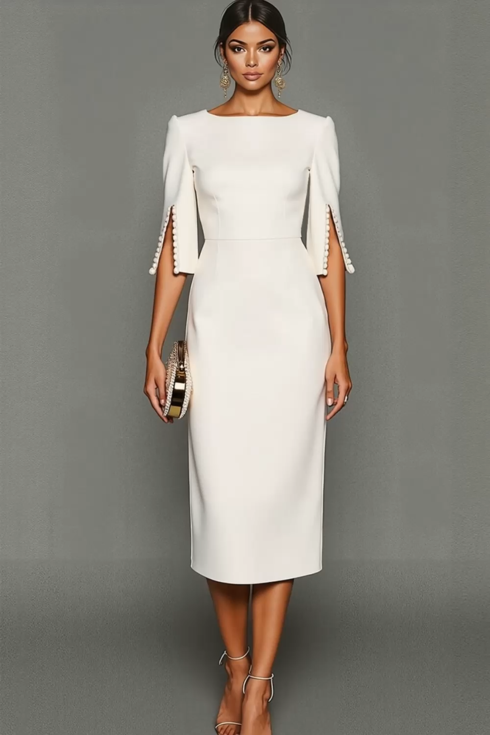 Midi Sheath Bateau Neck White Formal Dress