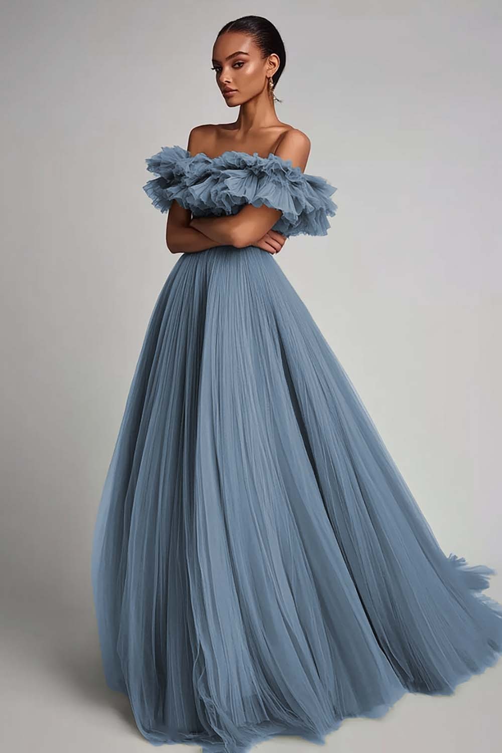 Dusty Sage Pleated Tulle A Line Long Formal Dress with Ruffles